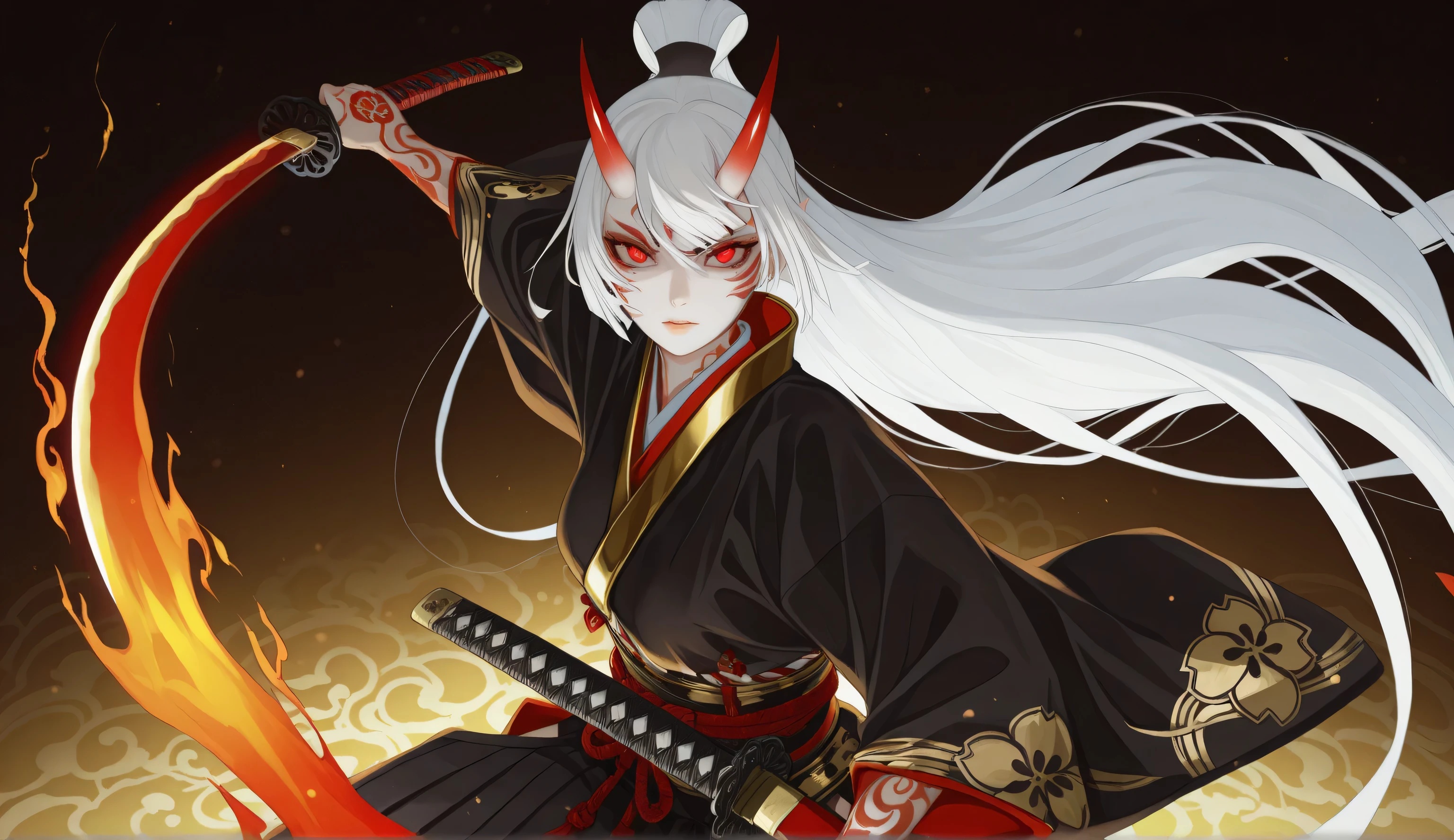 an elegant female samurai warrior oni , long flowing white hair,  with glowing red eyes, traditional Japanese warrior's red and black kimono outfit intricate with gold detailing, holding a katana with a fiery glow, confident pose with one hand raised, mysterious gaze, fair skin, background reminiscent of Japanese and cherry blossom culture, dramatic indoor lighting, intense and powerful atmosphere, close-up angle, sharp focus on the subject, vivid color contrast with emphasis on red and gold.