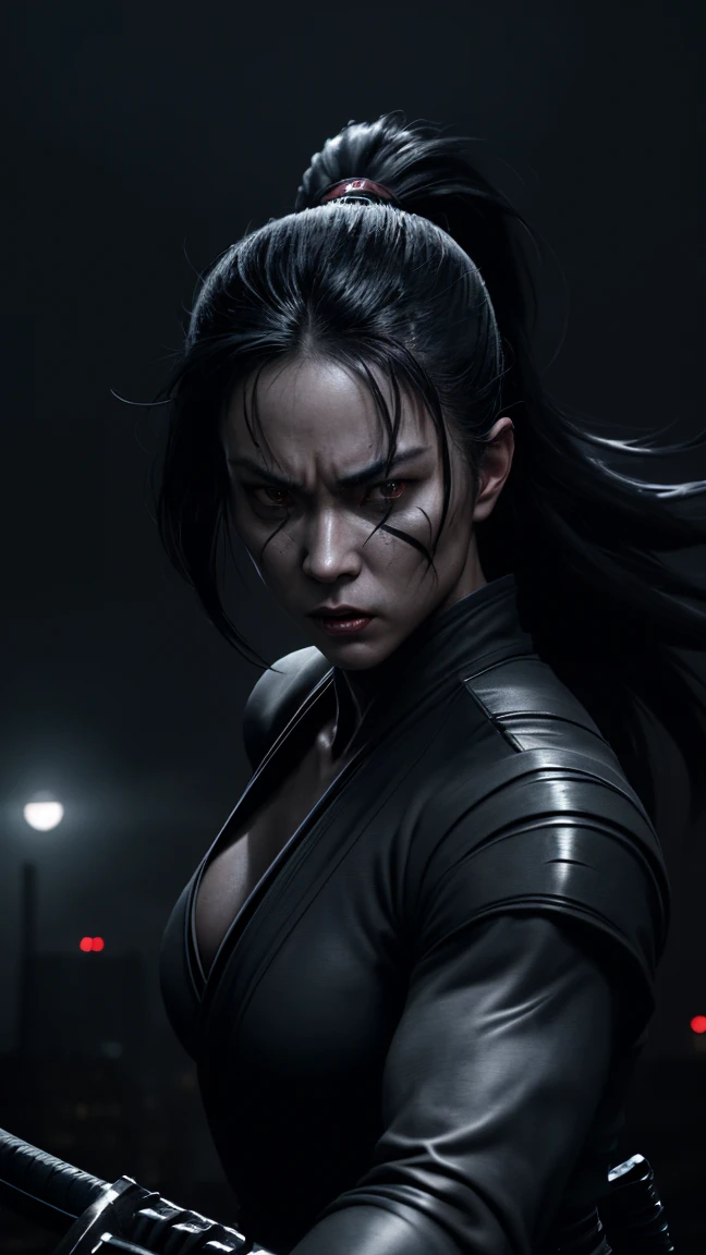 a dramatic ninja woman, cinematic lighting, dramatic pose, katana in hand, intense facial expression, dark outfit, detailed facial features, long dark hair, muscular physique, action scene, urban rooftop at night, moonlight, rain effects, fog, dramatic color grading, cinematic post-processing, high contrast, detailed 8k, photorealistic, hyper-detailed, concept art style