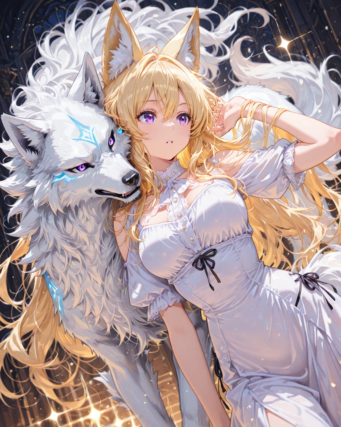 High Resolution, Solo, Hair Between Eyes, Very Long blonde Hair, Purple Eyes, Parted Lips, Dutch Angle, Sparkle, Wolf Ears, Masterpiece, Best Quality, wolf form, white tail, medium/large bust.