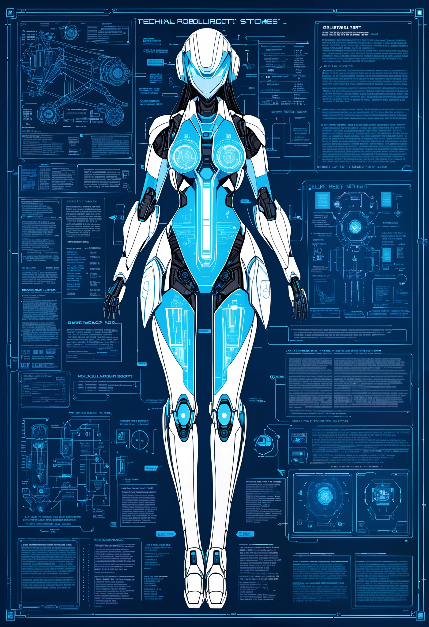 A detailed technical project sheet displaying the plans for building a futuristic female robot. The image presents multiple views ( front, side and back) of the mechanical design, With notes , measurements and technical diagrams in a blueprint style. The robot has an elegant and aerodynamic body, Fully mechanical, with detailed articulations and a digital display on the face. Internal parts, like circuits and hydraulic systems, are highlighted in exploded sections surrounding the design. Thin lines and holographic markings complement the cyberpunk, aesthetic while digital screens display calculations and advanced engineering schemes. The background has a blue or metallic tint, evoking an environment of high-tech laboratory or a robotic design studio