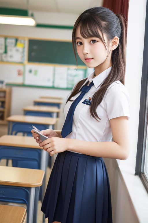 8k Beautiful high school girl in summer uniform with double eyelids studying in classroom,poneyTail、huge tit