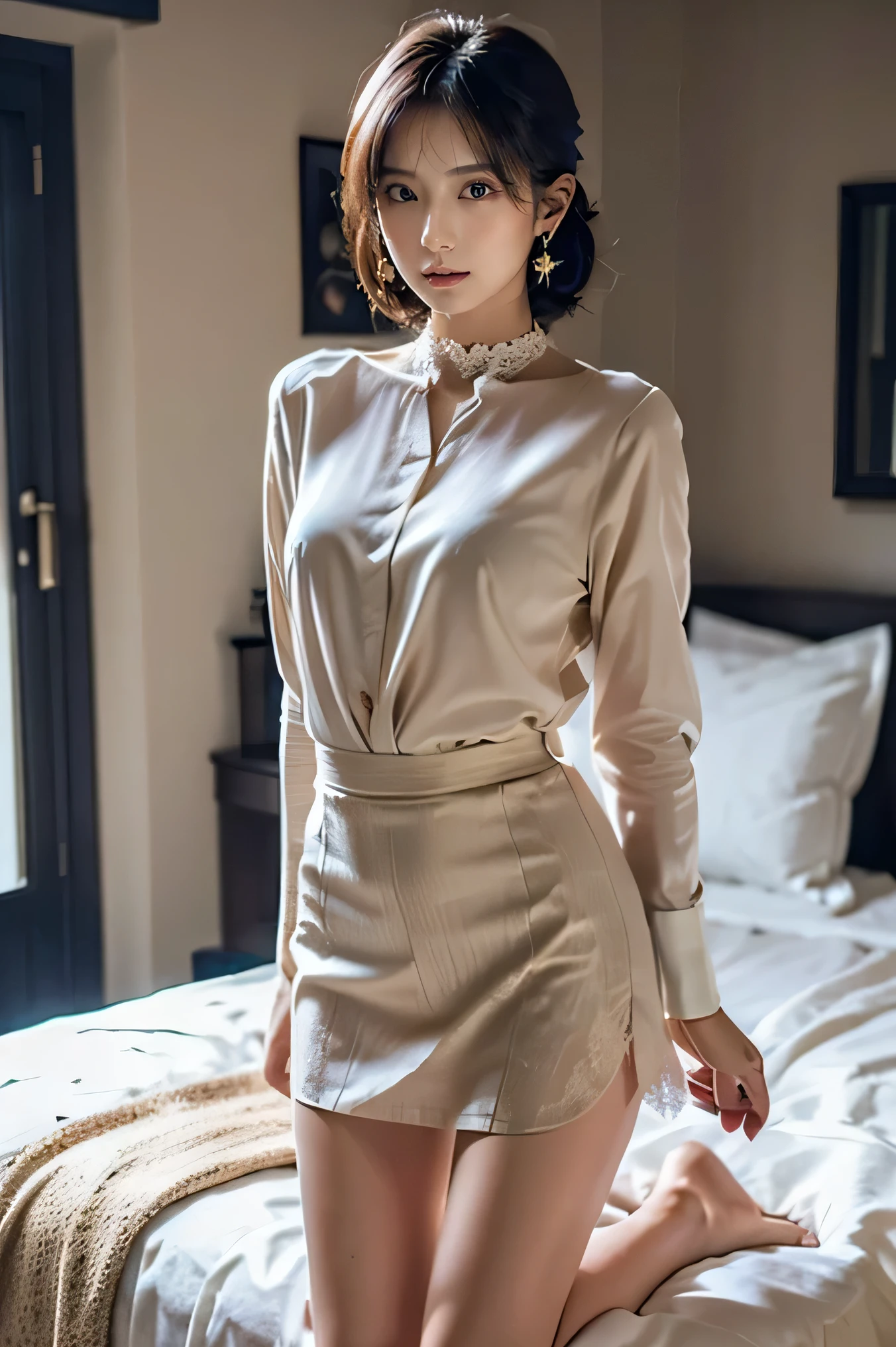  Beautiful 45 year old woman  , (       her face size       :0.2)、   Picture of a woman with a very small head   ,     、 Best Quality 、HD quality、  Best Quality  Masterpiece ,   Ultra-accurate ,(   beautiful girl :1.0)  ,  x}  I'm wearing an oversized ベージュ blouse with an elegant ruffled hem and a flared ベージュskirt with a slit 。、He has a white lace choker around his neck。、I have a lace anklet around her ankle。、(       her torso length       :1.8)、   backlit or semi-backlit pictures     、  Kneeling on a bedroom bed、 full body photo、      she's skinny  。、   how small her head is compared to her width   ., high waist、She will grow her hair、 beige skirt、and、oversized、(Beige shirt has a long hem:1.4), chignon style hairstyle、Photos from head to calves、full body、