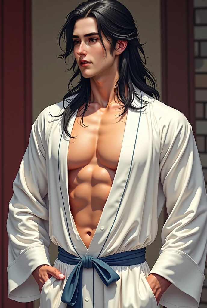 tall man with gray eyes and wavy brown hair, which he puts into a long ponytail, leaving one strand hanging down the left side of the face.[2] He has a hairy chest, arms and legs.[?] He wears a straw hat and pink, ladies&#39; flower embellished kimono, draped over the shoulders directly over the captain&#39;s haori.[2] Although his kimono and embellished belt are cheap, his hairpins with red flowers are very expensive.[3] He doesn&#39;t wear a tabi (socks) under sandals.[?] He has short stubble around his mouth and cheeks.[2] A hundred years before Aizen&#39;s betrayal, Shunsui had a short mustache above his upper lip.. Then he wore another lady&#39;s kimono, although very similar.[4][5]

After the battle with Wandenreich, Shunsui began wearing an eyepatch over his right eye., which was damaged during the battle. The top of his right ear was also cut off, and a scar appeared on his temple.[6]

Shunsui had shorter, unkempt hair as a .. He wore a patterned kimono