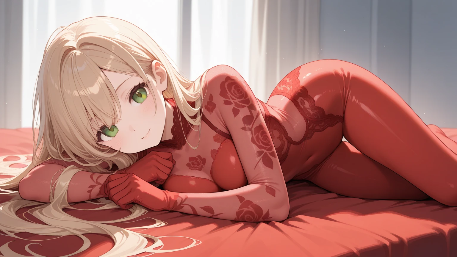 Safe for work, masterpiece, best quality, solo, 1 girl, facing forward, looking at camera, (young female body:1.4), ( medium small breasts), golden yellow hair, extra long hair, blunt bangs, crystal blue eyes, very detailed eyes, luxourius bedrrom background, on bed, white bedsheets, holding pillow, arched back, strapless dress, long dark red gown, long dark red red dress, aehego, Lying on stomach, collar, elbows on bed, leaning forward, spreading legs, dark red dress