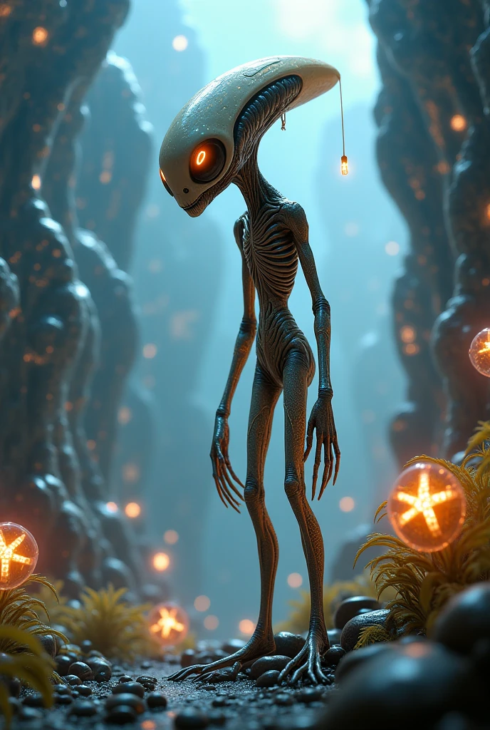 Generates an image of a monster with this description:
It is a thin and elongated creature, with a body covered with small spines that reflect sound. It has large, round eyes that can detect even the slightest echo.. Its limbs are long and thin, ending in sharp claws that can catch their prey. The creature can change shape to adapt to its environment., stretching or shrinking to chase its victims through the narrow corridors of the underground dimension. Her skin is almost transparent, allowing it to blend into the shadows and surprise its prey..