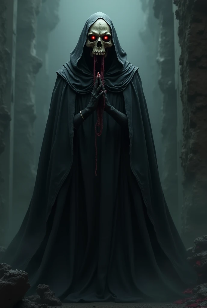 a dark witch with a black cloak, a white and red ritualist mask with elk horns, no parts of the body are visible. it is in a dark forest only lightned by the moonlight, with strange runes on the trees and a blood mark on the floor