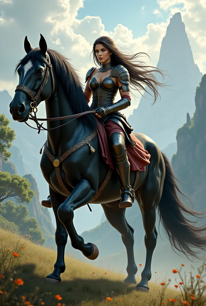 Warrior Amazon woman mounted on a horse, in a forest of fantasies. 3d rendering, octane rendering, intricately detailed, cinematic, trend in artstation, isometric, hyperrealistic cover photo centered, amazing full color, hand drawn, Dark, Brave, Mucha, Klimt, Erte 12k, High definition, Cinematic, neoprene, Behance contest winner, Portrait presented on unsplash, Stylized digital art, smooth, ultra high definition, 8k, Unreal engine 5, ultra sharp focus, intricate art masterpiece, sinister, epic, TanvirTamim, trend in artstation, by artgerm, h. r. giger and beksinski, highly detailed, vibrant --auto --s2