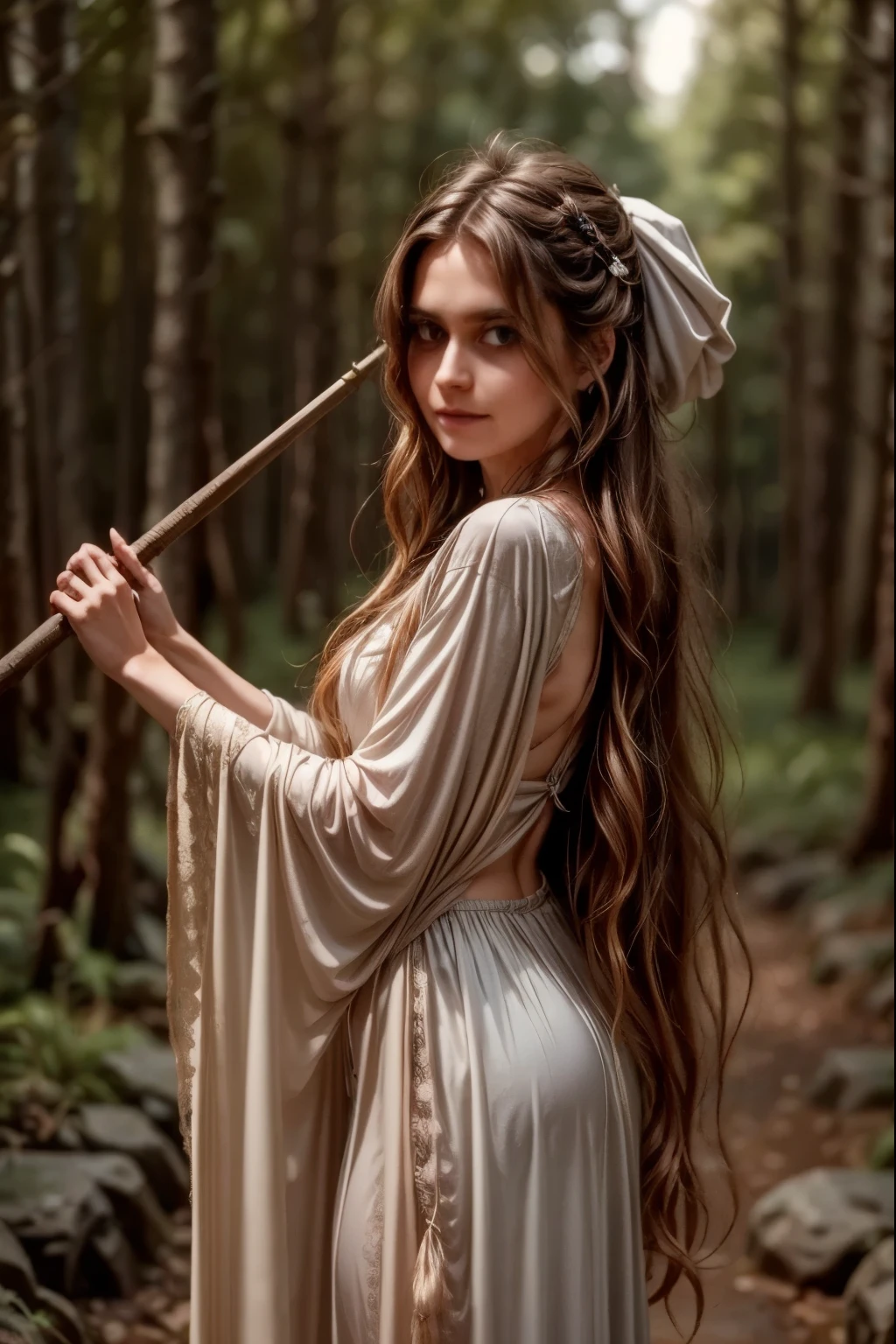 Moonlit forest glade, subtle mist swirling around ancient trees, illuminated by a soft, ethereal glow emanating from a crescent moon hanging low in the sky. A young witch, dressed in flowing white robes, stands at the edge of the clearing, her staff glowing with a gentle blue light as she gazes up at the celestial body, her long hair blowing gently in the breeze.
