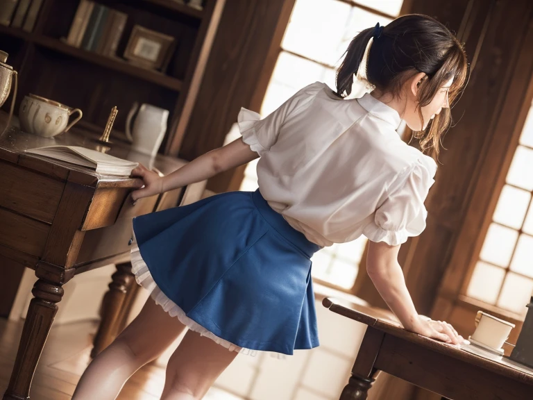 drooping eyes, eyes realistic sizing, (((round face))), ((hanging her crotch on a corner of the table to hit for masturbation, eccentric pose, hiding crotch with her skirt)), thin t-shirt, skirt, ((a woman is (holding at her butt with panties) from behind by her hand, getting orgasm)), braid, (dim old narrow factory, machines), shoes,
