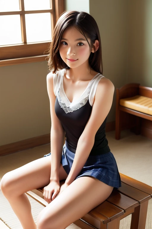 (((Japanese)))(10-year-old girl) ((((10-year-old girlが一人、alone)))) whole body写真 Full Shot Medium Short Hair Low ponytail whole body Thighs Mesh Sweater skirt cute (Squint with a smile) Spread your legs Spread your legs Raise your arms between legs ((linen))クロップドskirtskirt Visible through the gap(Panties)Apron dress Thin shoulder straps