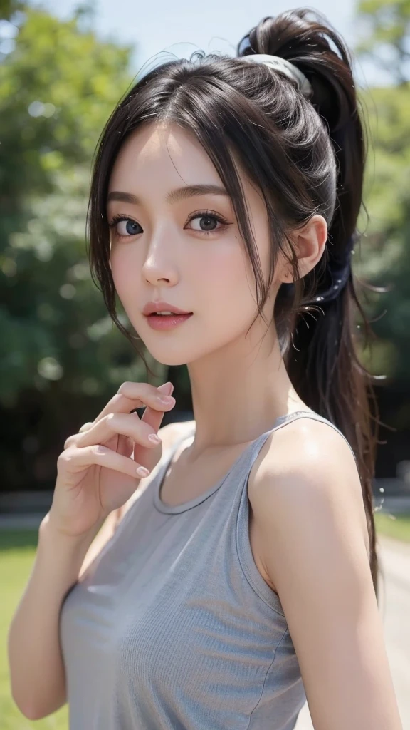 Black underwear shows through the white T-shirt,jeans,outdoors,Urban Park,On the lawn,One woman,close up face,fully body photo,masutepiece, The highest image quality, High quality, the background is clear,Beautiful woman, Japanese, Detailed, Detailed eyes, Detailed skin, Beautiful skin, 超hight resolution, (reality: 1.4),Very beautiful woman, Slightly younger face, Beautiful skin, slender, (Ultra photo realsisim), (hight resolution), (8K), (Very detailed) (beautifully detailed eyes), (super detailed), (Detailed face), view the viewer, Fine details, Detailed face, Staring straight ahead, Staring straight ahead, photos realistic, Bright lighting, Professional Lighting, Black hair,poneyTail,a baby face,sixteen years old,Hairstyle: ponytail,Long ponytail hairstyle,slight smile,