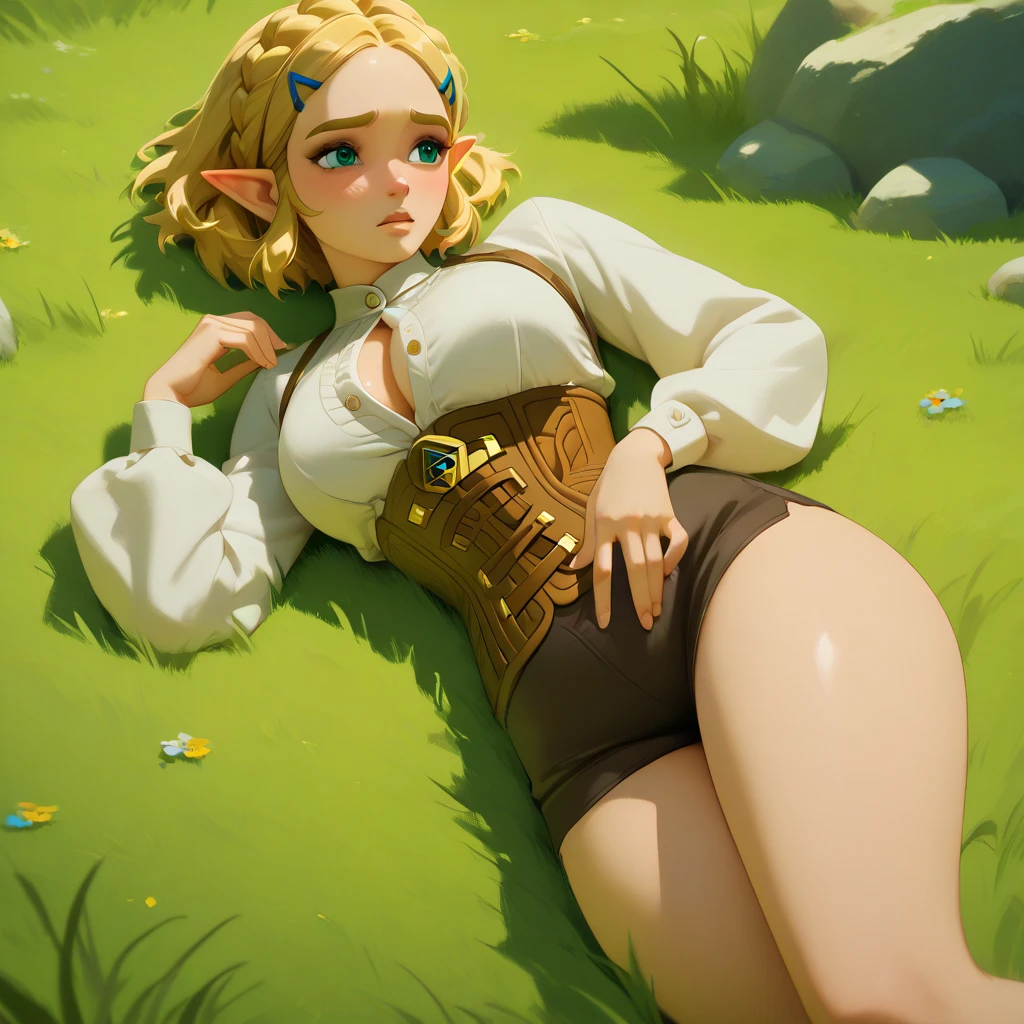 zeldatotk,1girl,smile,cel shading,full body in view,green eyes, enjoying a coffee, sitting in the cafe, hot coffee, (((busty))), (((big breast))), cleavage
