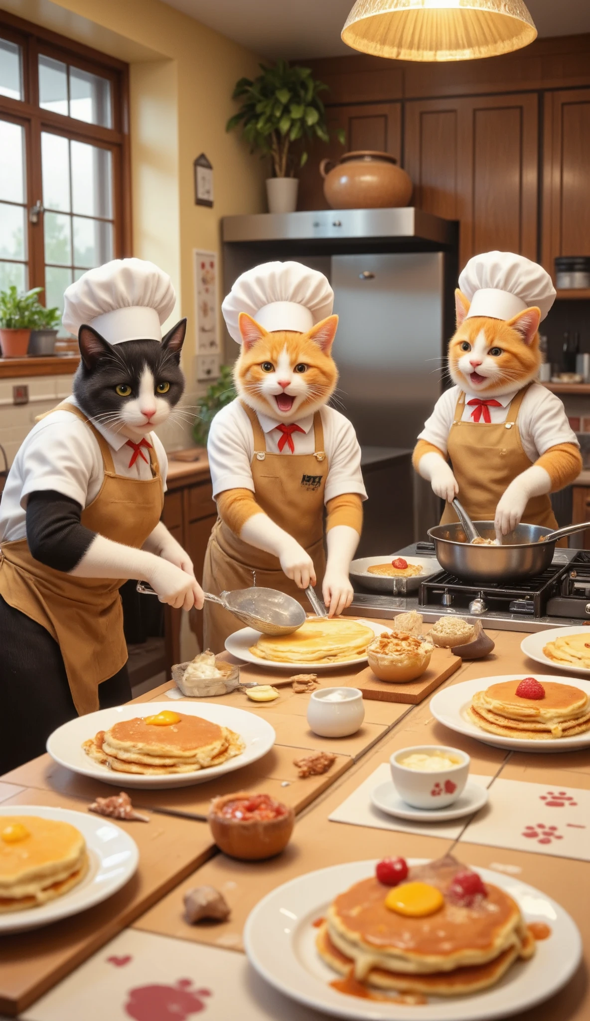 I'm imagining、Cat Restaurant、cute kitchen cooking、pancakes。