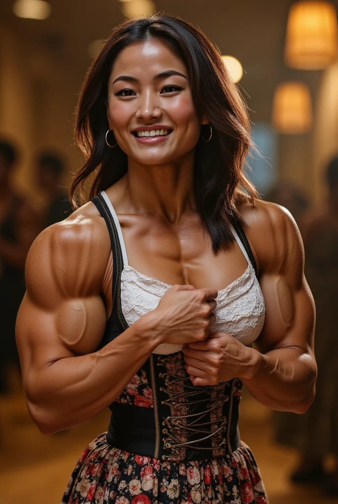 a beautiful picture of fukuharaXL ,woman,dark hair,detailed skin texture,muscular body,muscular arms,bulging biceps,masterpiece, photorealistic, light, RAW color photo,(fully in frame:1.1), (blush:0.5), (goosebumps:0.5),wearing a dress,detailed face,indoors, (smile:0.5), film grain,cinematic lightning,