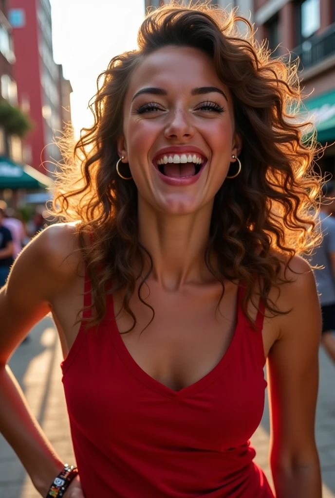 White woman sticking out her tongue, with big tits