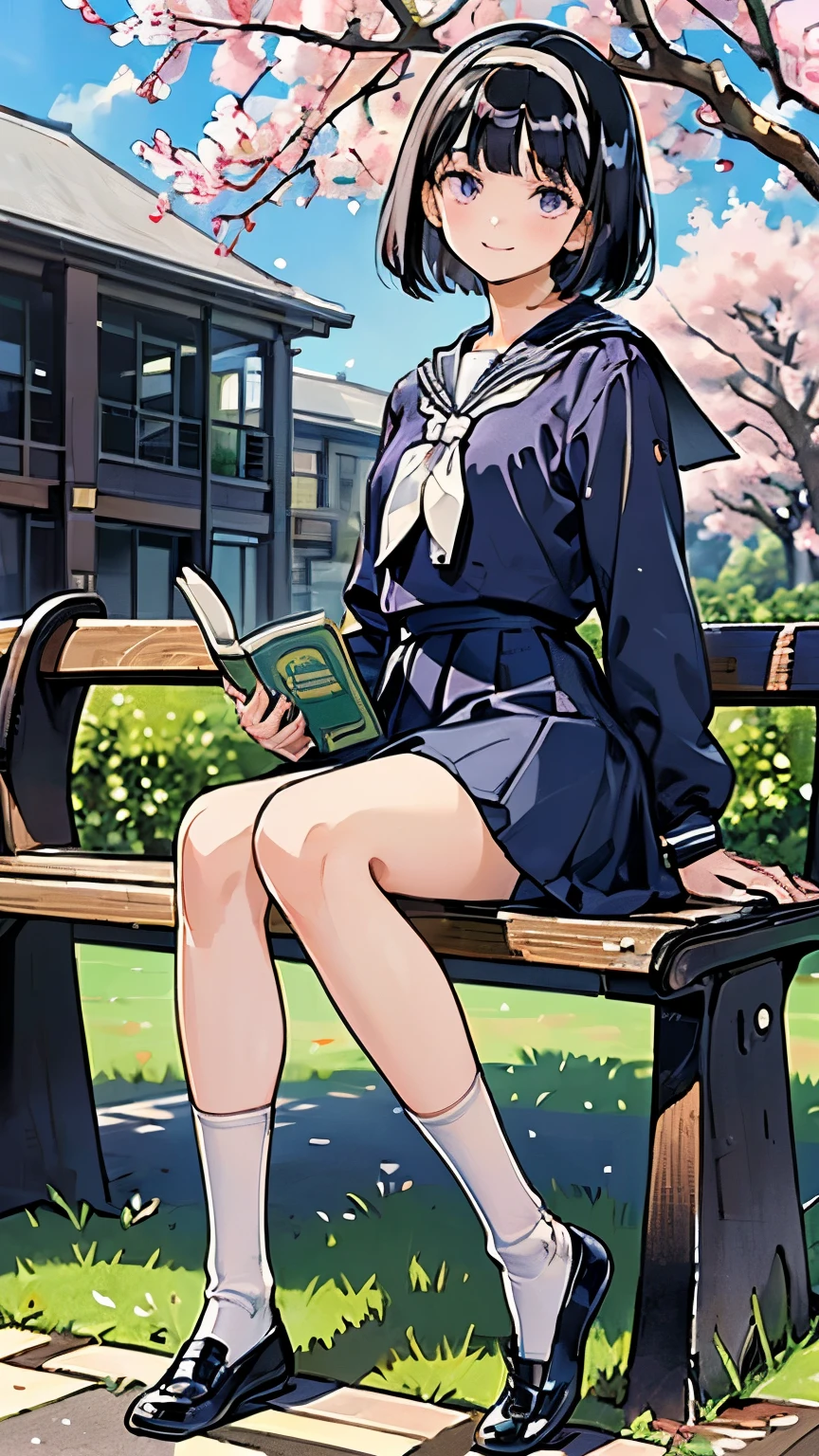 sailor suit, one woman, (beautiful women in cars, Delicate schoolgirl:1.3), 8k, best quality, masterpiece, very detailed, super high resolution, realistic, RAW photo, absolute resolution, black hair, bob cut, small face compared to body, very small face, black hair, navy blue sailor suit, Navy Blue Skirt , animated 2d rendering, realistic high school girl, (white headbands:1.4), Location, small breasts, is tall, Slanted Eyes , purple eyes, (white socks:1.4), smile, (Read paperback books:1.4), Under the tree where cherry blossoms bloom, sit on a bench, Look this way,