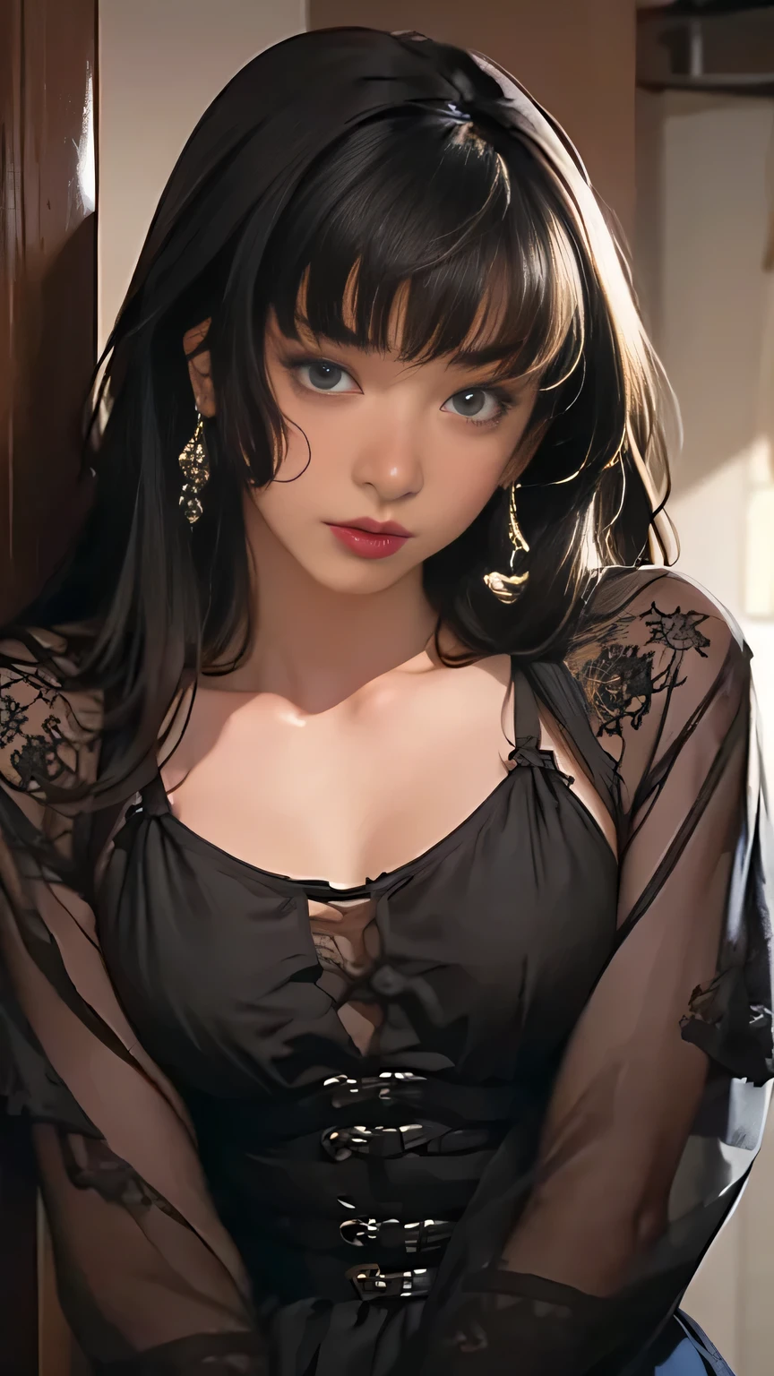 Detailed art, art sketch, sketch drawing, girl with Brazilian and Asian features, Japanese-like eyes, small and elegant lips, wavy hair with long bangs that extend a little past her light brown shoulders, deep gray eyes, makeup soft in purple and black eyes, elegant broad shoulders, elegant black dress
