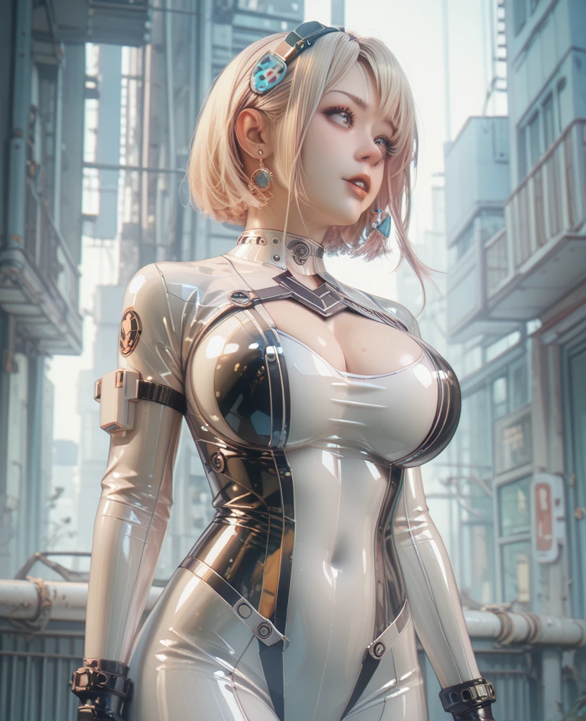 Highest quality, Ultra-high resolution, Realistic, NSFW, Cyberpunk One Girl Has Sexy Euro Blonde Hair、Taking photos in a studio environment with a gray background, Large Breasts, View your viewers, Upper Body, thin, Visible cracks, Crop top,(The clothes are see-through)