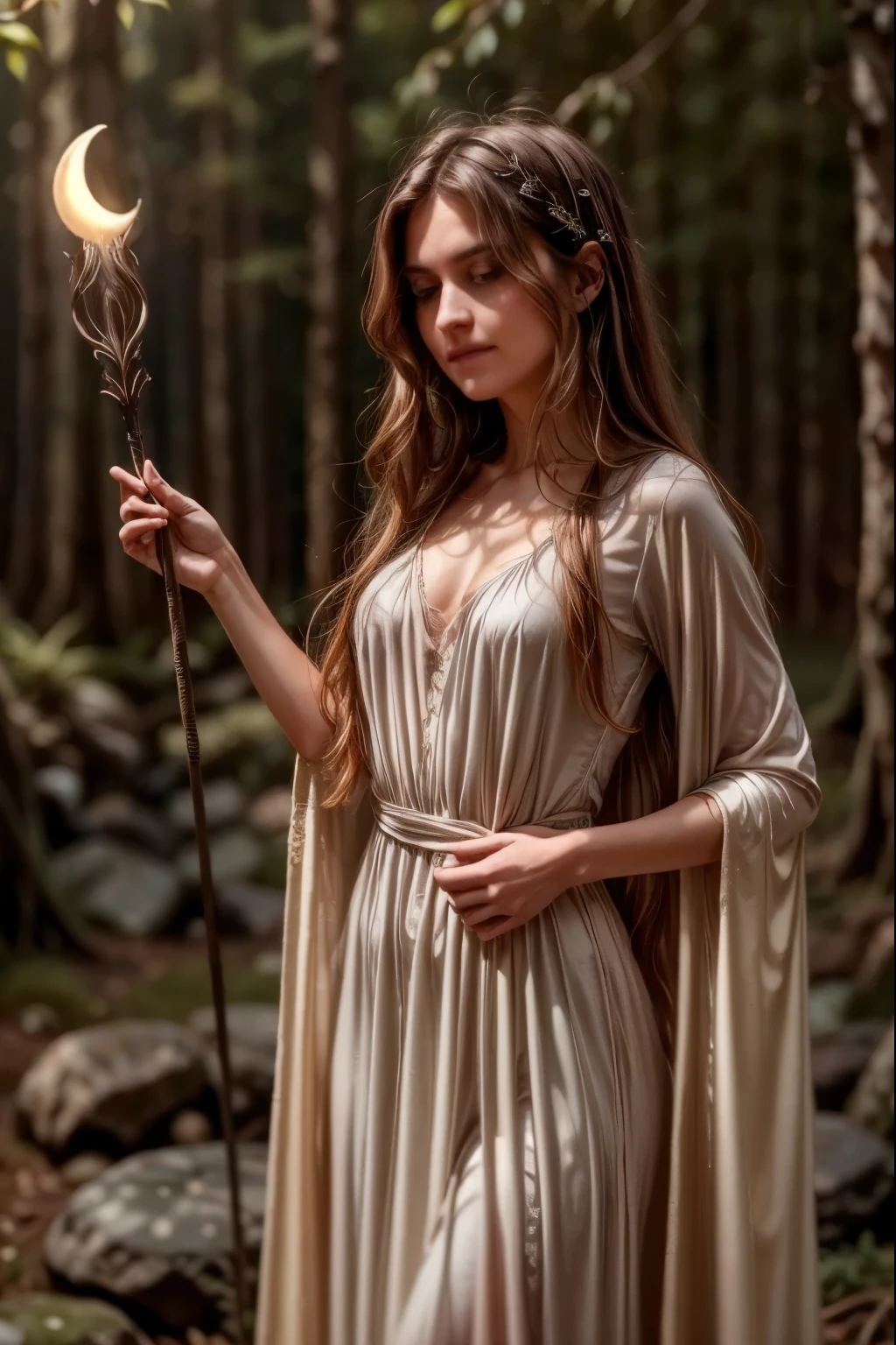 Moonlit forest glade, subtle mist swirling around ancient trees, illuminated by a soft, ethereal glow emanating from a crescent moon hanging low in the sky. A young witch, dressed in flowing white robes, stands at the edge of the clearing, her staff glowing with a gentle blue light as she gazes up at the celestial body, her long hair blowing gently in the breeze.