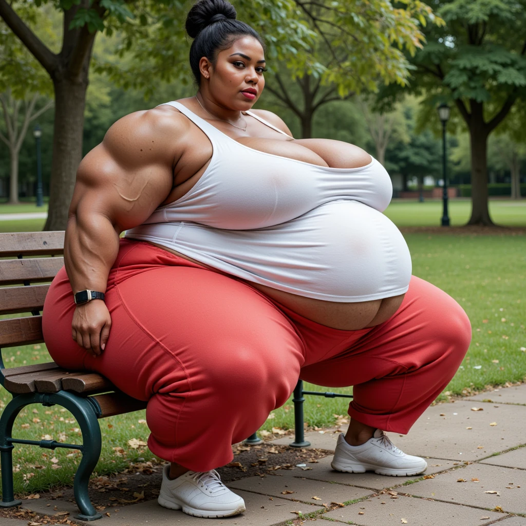 ((Dark skin)), ((dark skinned female)), ((brown skin)) ((giantess)), ((strongfat)), ssbbw, obese, ((strong arms)), ((white hair)), ((blue eyes)), ((tall)), (gentle smile), (wrestling gear), gigantic, insanely large belly, sweaty, subtle blush, (bare arms), ((gigantic biceps)), leotard, fingerless gloves, ((wrestling ring background)), clear face, large eyes, ((heavy shading on lower half of the body)), ((large bicep muscles)), ((looking down at viewer)),