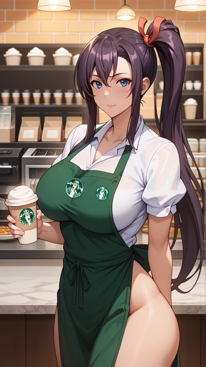 Prompt: ,score_9, score_8_up, score_7_up, score_6_up, score_5_up, score_4_up, BREAK, source_anime,1girl, korra, brown hair, dark skinned female, ponytail, long braid, blue eyes, dark skin,naked apron, barista, starbucks, exposed breasts, breasts, coffee shop setting, green apron