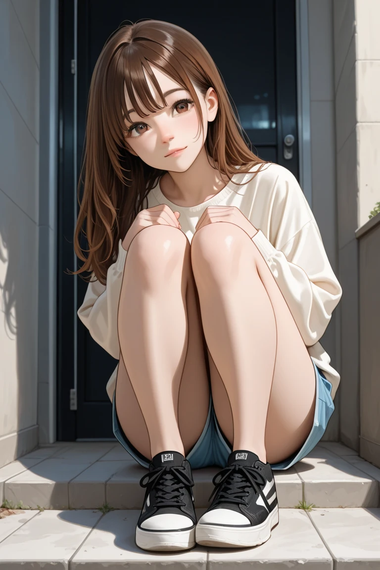 {of the highest quality], [Super beautiful], [Ultra fine], [best illustration], NSFW,Brown hair, hime cut, wide, with bangs, girl,in a suit,ol,White shirt,short sleeve,SMILE, blush, Thin women, adult women,make a pose,(public),night park,summer festival,diagonal, Bare feet and pumps, Plain black pumps