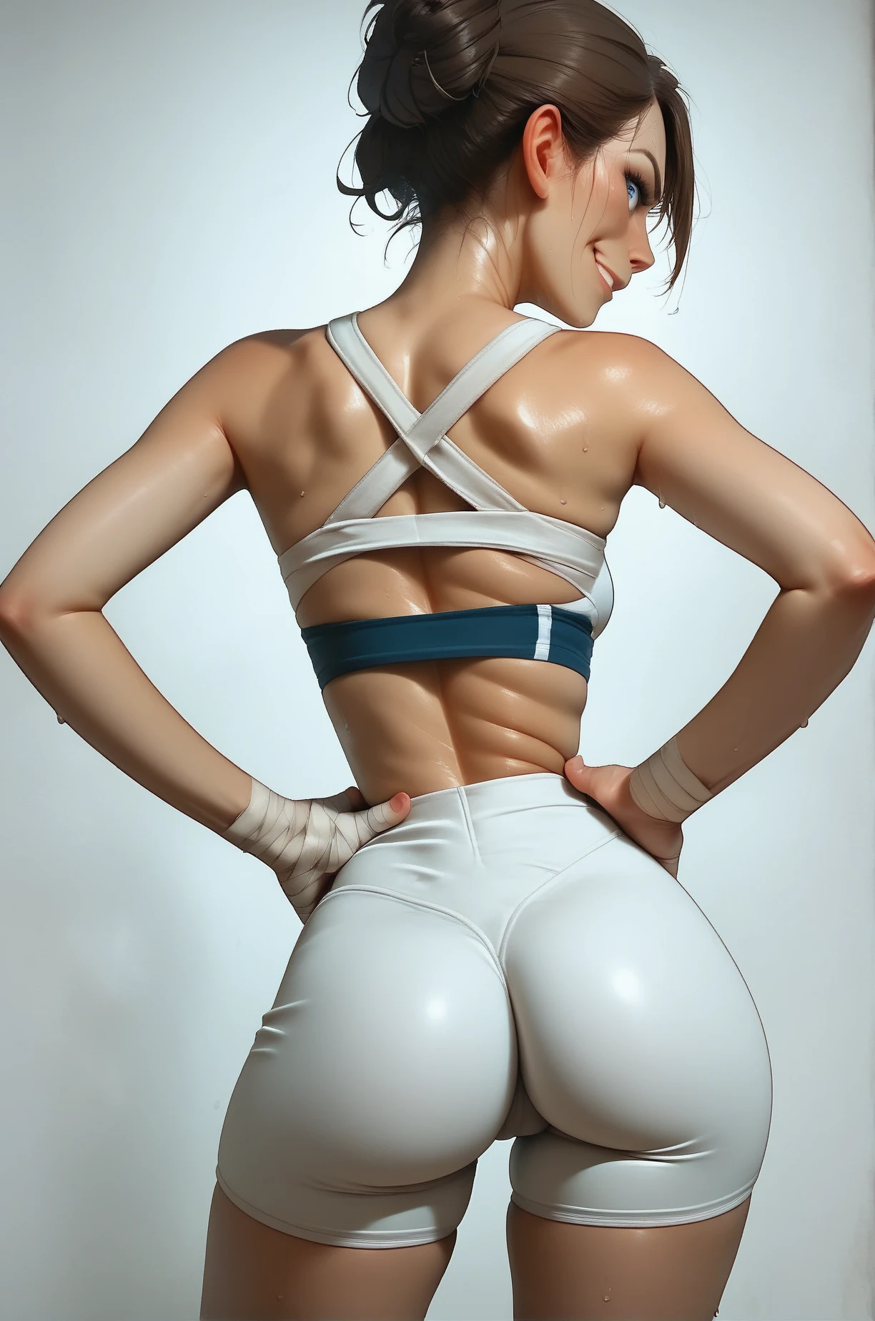 full body photo (back, butt) (woman wearing a short t-shirt). woman with shaved head, fitness shaved hair, tall and thin. villain. woman with shaved hair, she is evil, angry, angry face, wide eyes, black eyes, the white part of her eyes is black, black lipstick, thin lips. bony face, thin, fitness, athletic, prominent veins, prominent veins, apparent nerves, prominent nerves, apparent tendons. Her body, a fusion of flesh and metal is a masterpiece of destruction, each limb a lethal extension of her insatiable will (black lipstick on lips) (dark background, gray background). (sweaty body) (black t-shirt, sleeveless t-shirt) bottomless