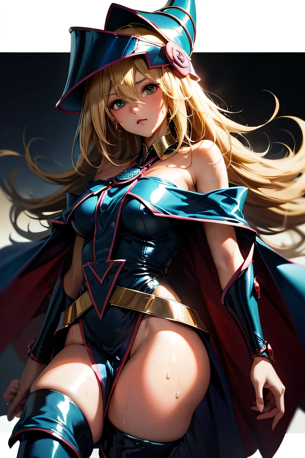 (Obra maestra:1.2), (La mejor calidad:1.2), Perfect lighting, Chica Maga Oscura lanzando un hechizo, flotando en el aire, tetas grandes, escote, fondo de magia. Corazones transparente en el hambiente, blue robe, sombrero grande, desde arriba, Destellos, Yugioh Card en el fondo