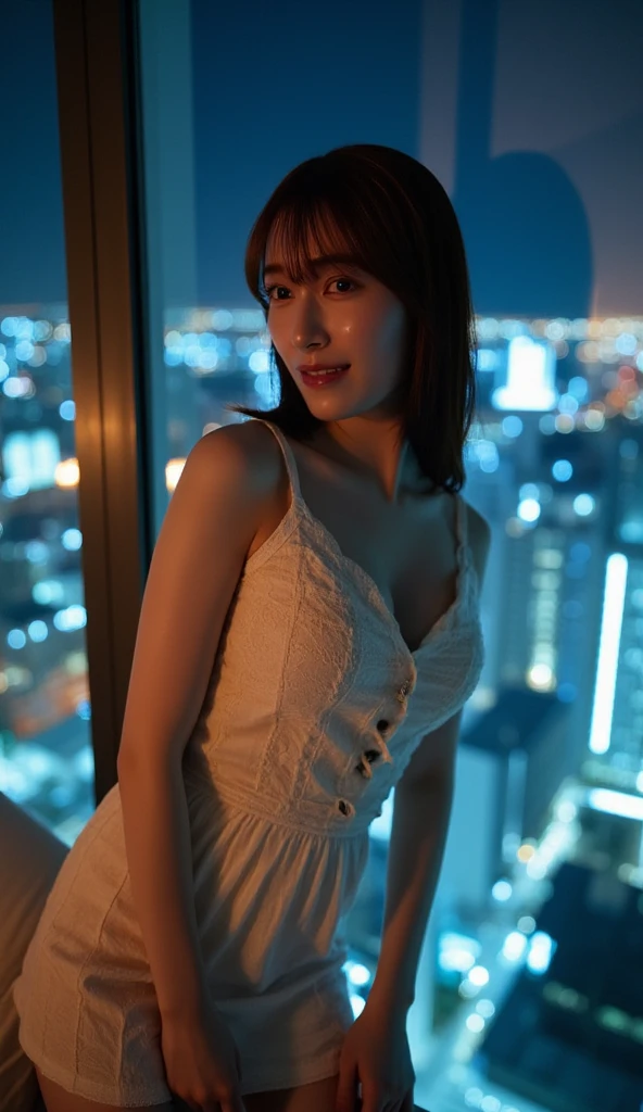 Highest quality, 8k, Tabletop, Realistic, Realistic, , (窓からはLate Nightの大都会の夜景、Ample breasts:1.2), Big Breasts, , , Abundant hips, Detailed face, Beautiful Face, , Beautiful woman,((Gray detailed eyes、Translucent skin texture、A shy smile、Fluffy hair、Light Brown Hair、Big city view from the window、Shaggy Cut、Floating Hair、、Cute Japanese Idols:1.4)). (、short hair、Floating Hair、Parted bangs、Bedroom、Sit on the bed、Place your hands on your feet、Late Night、indirect lighting、Looking into the camera:1.2))