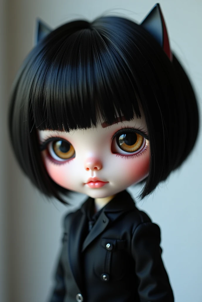Blythe doll with short hair and bangs to the side, with round black margin lenses with the tip slightly upturned, with two moles near the mouth, one on the left side and the other on the right side, and with few freckles
