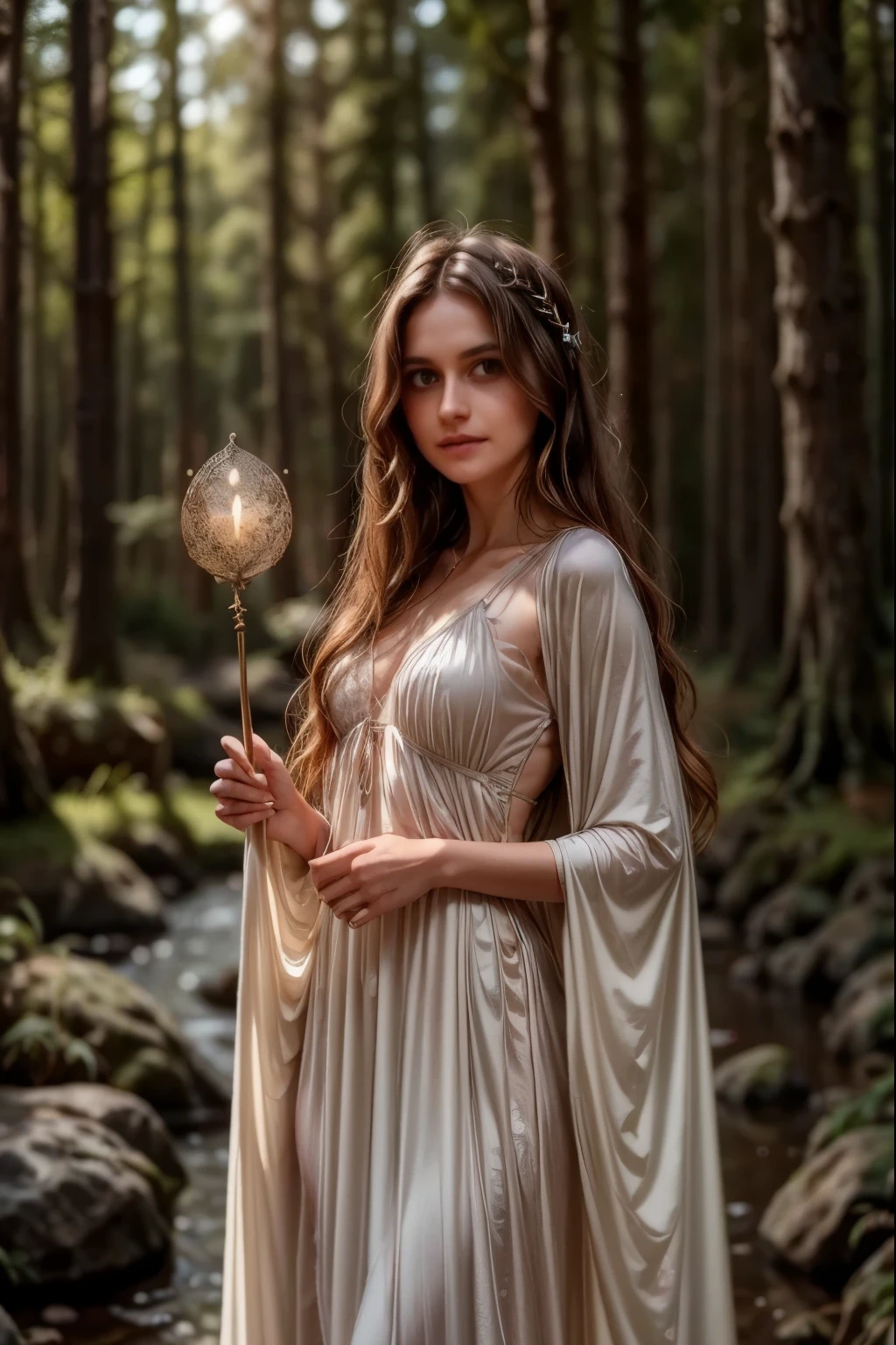 Moonlit forest glade, subtle mist swirling around ancient trees, illuminated by a soft, ethereal glow emanating from a crescent moon hanging low in the sky. A young witch, dressed in flowing white robes, stands at the edge of the clearing, her staff glowing with a gentle blue light as she gazes up at the celestial body, her long hair blowing gently in the breeze.