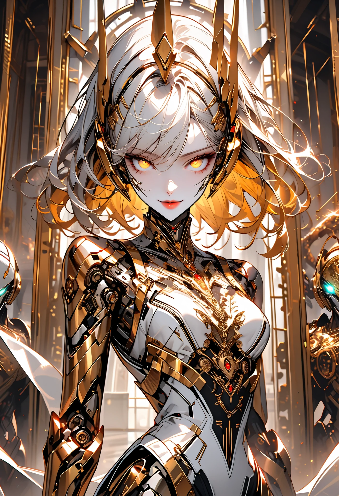 solo:1.4, female clockwork automaton, steel, brass, refined, gold accents, tall female, slender, agile, deep-set eyes, glowing eyes, golden eyes, lips, silver hair, gold hair, two-tone hair, simple metal headband, robot, exhibition, luxurious, mansion, indoors, velvet, curtains, close up, elegant white indoors, peaceful smile, playful, metal skin, looking at viewer, slender waist, metal skirt, metal skin, golden mecha, mechanical arms, mechanical legs, mechanical eyes, mechanical halo, lips