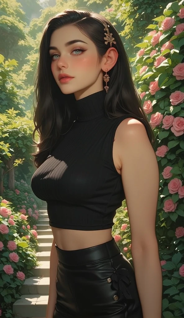 warm smile, (covered nipples), (masterpiece), (best quality), (realistic), (red lips), realistic girl, one adult woman, pale skin, curly black hair, eye green, green eyes, nose, ear, mouth, lips, neck, shoulders, medium chest, (random color shirt, plain t-shirt, short black skirt, tight tights), waist, thick legs, thick thighs, (garden with so many roses background), (short hair)
