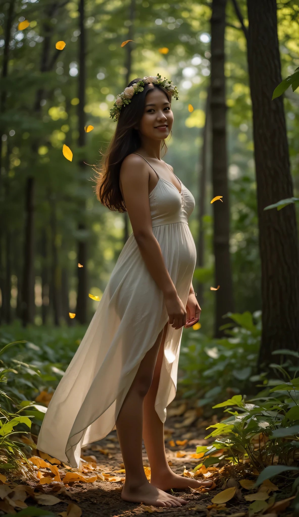 masterpiece, high detail, 8k, best quality, A beautiful young indonesian woman with dark brown long hair wearing a flower crown, big breast 1.8, saggy breast 1.5, curvy body, slim waist, wide hips, perfect body, standing in the dark forest barefoot, with a little sunlight shining on her body from between the trees, yellow leaves falling, her eyes focused on the camera, a faint smile, surrounded by a sea of green leaves. She is wearing a thin white dress hair and dress blowing in the strong forest wind, the dress really suits her character covering her curvy body gracefully, dark atmosphere, side back view, dynamic pose. Realistic,