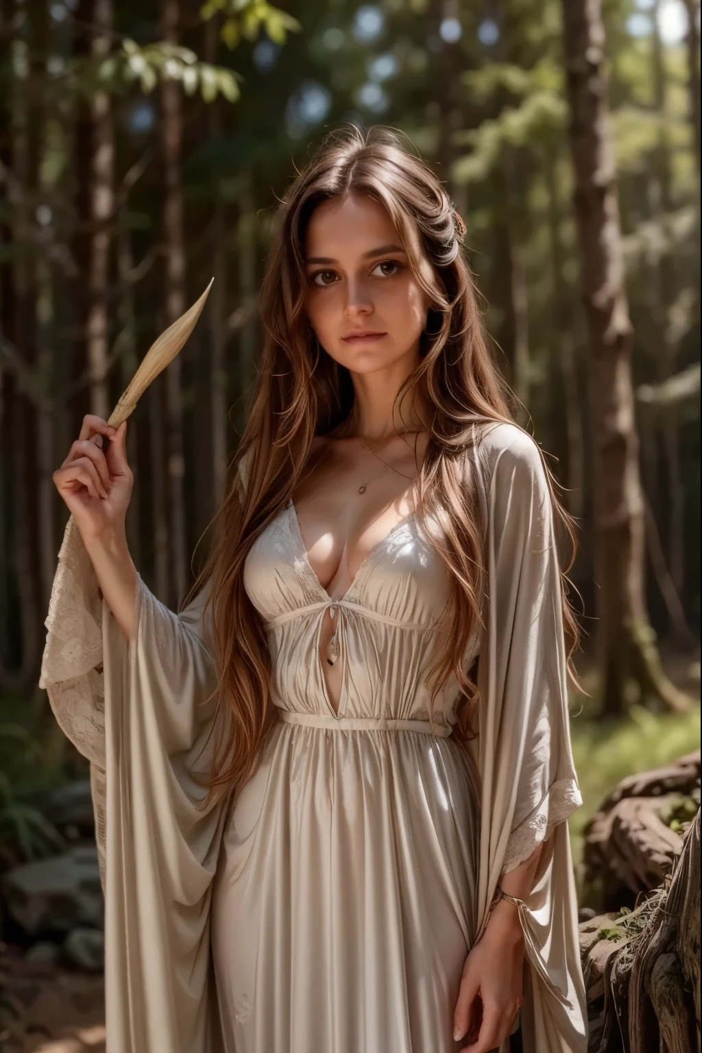 Moonlit forest glade, subtle mist swirling around ancient trees, illuminated by a soft, ethereal glow emanating from a crescent moon hanging low in the sky. A young witch, dressed in flowing white robes, stands at the edge of the clearing, her staff glowing with a gentle blue light as she gazes up at the celestial body, her long hair blowing gently in the breeze.