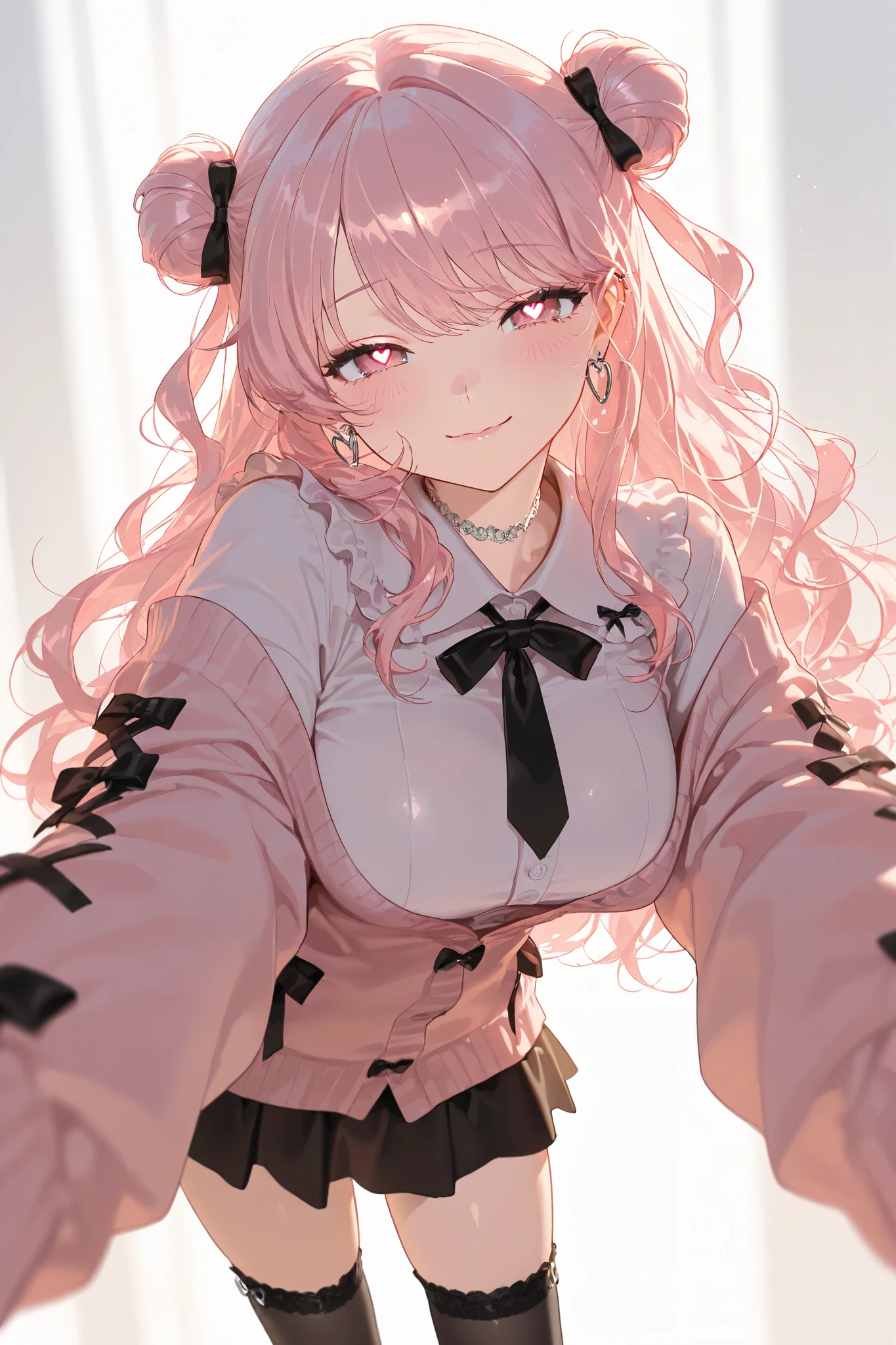 (Masterpiece, top quality   ) beautiful male, solo, jirai kei fashion, thigh-high socks, long wavy hair, double bun, pink hair with white ends, pink eyes, Heart eyes,Long lashes,large breasts, necktie, hoop Pierced earrings, glossy lips, cardigan, blush, flawless smooth skin, looking at viewer, seductive smile,anticipating kiss, kiss,, half closed eyes, cowboy shot, reaching out,White background,high fashion, dramatic lighting, warm colors,newest, male focus 