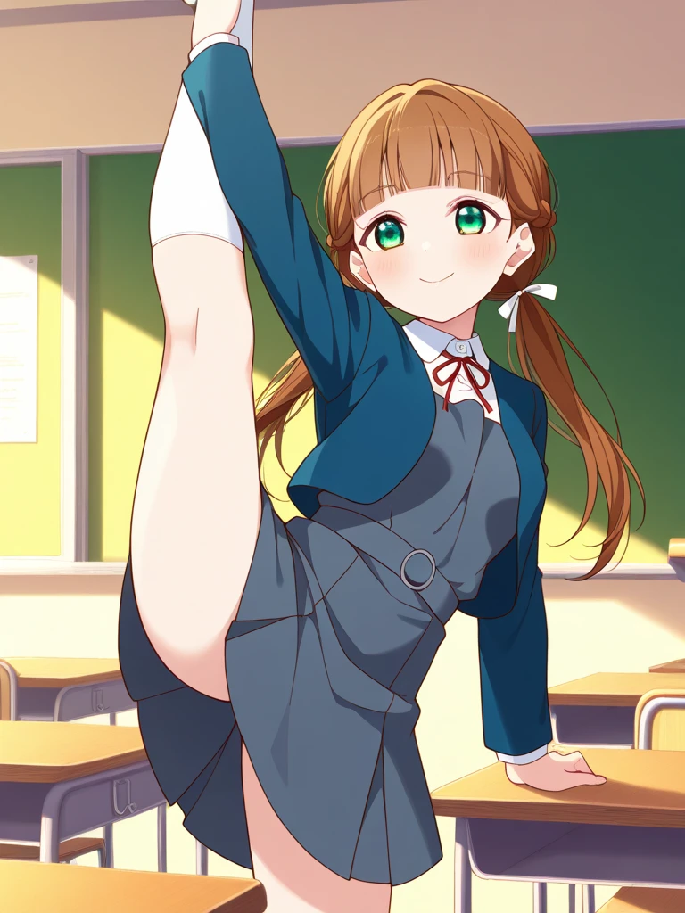 (masterpiece, best quality:1.2), 1girl, solo,standing_split, Mikan Yuuki, brown eyes, brown hair, hair ornament,long hair,green plaid skirt, sainan high , , white shirt, yellow sweater vest,no panty