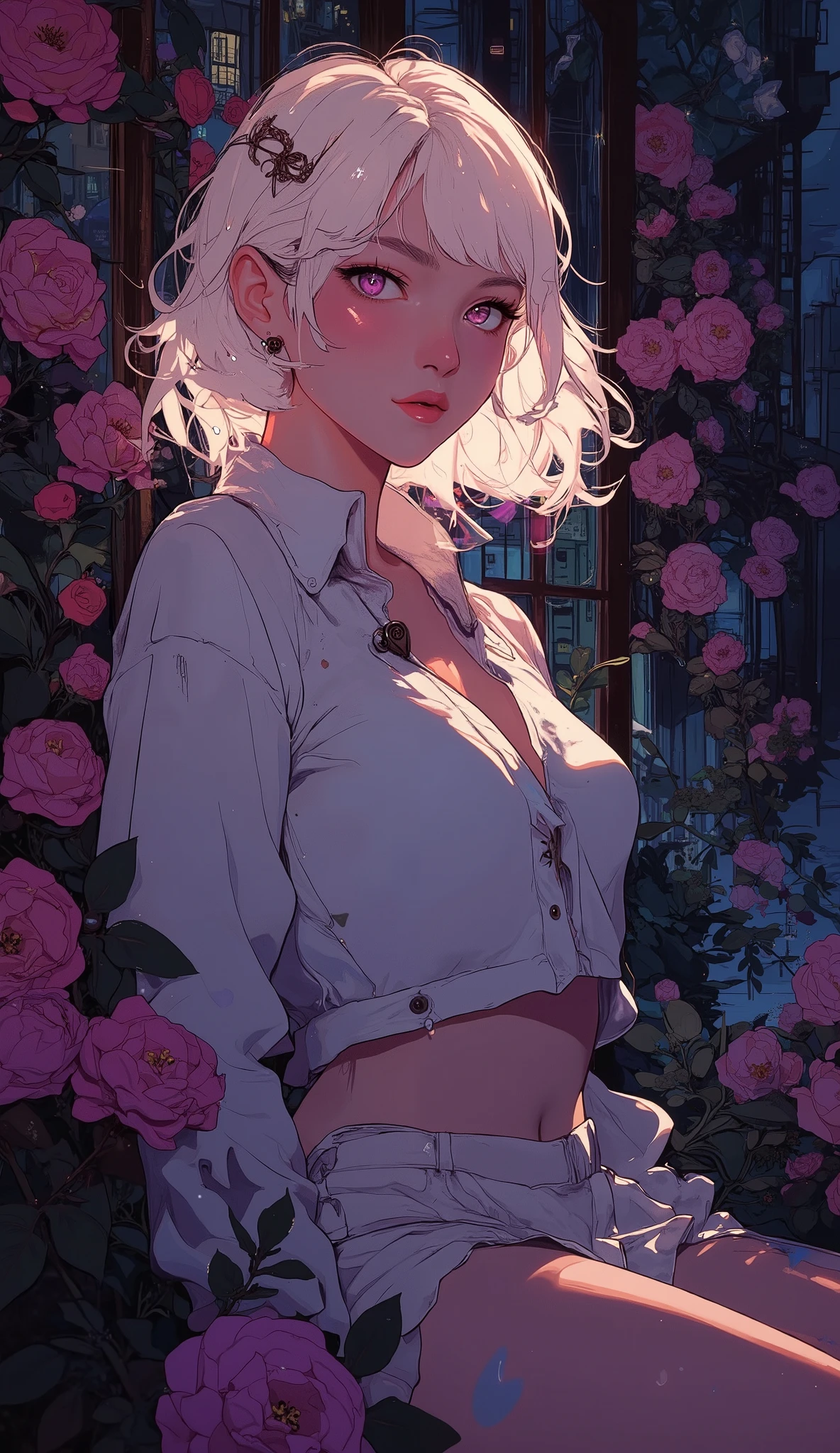 Realistic, A girl,  white hair , purple eyes, glowing eyes, short top, tiny micro skirt, parted lips, Blush, night, flores, , light,warm, big 
