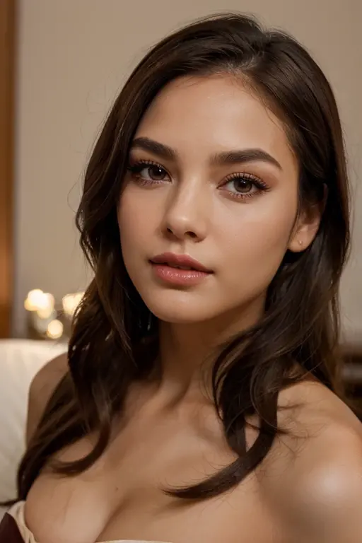 She has her legs wide open. Tight black luxury mini-dress. Filmed in a bedroom in a luxury home. Eyeliner and beige eyeshadow are used to define the eyes. Her eyelashes are long and her gaze is slightly droopy. Her cheeks are tinted a pale pink, as if she is being kissed by the sun. Her lips are a healthy rosy colour. Fresh and relaxed. Her hair is long and wavy. Bright smile.