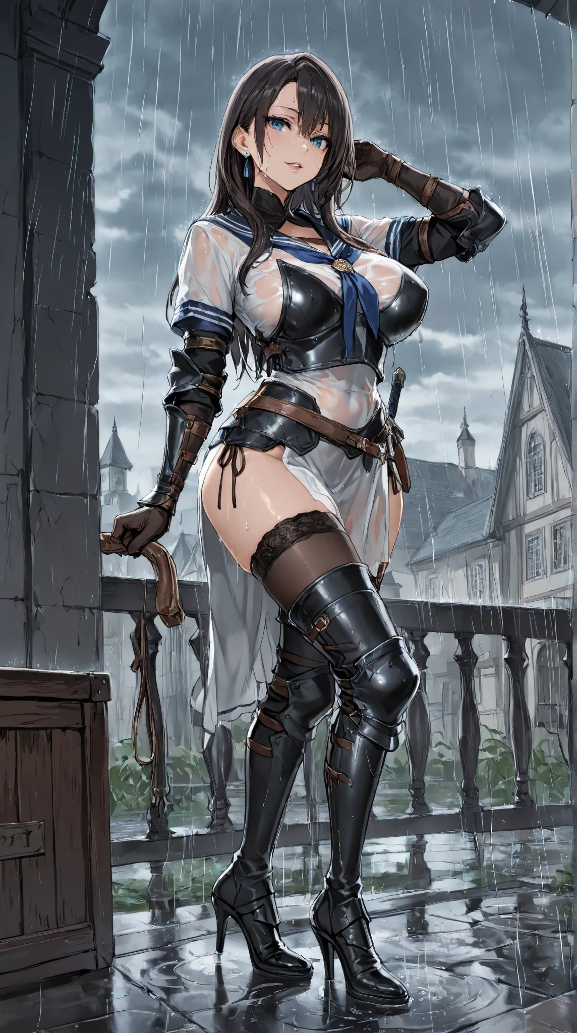 (Masterpiece, best quality, intricate details, 1sologirl) iron collar, arms behind back, iron cuffs, shackles, bound ((standing by wooden pole:1.2)) show entire body frontal position, feet in view, realistic, gorgeous 16y.o. race human female, barefoot no shoes, looking to viewer straight symmetrical, solo girl looking to the camera, cow bell choker leather collar choker neck bell, metal sandals, black and white bikini (cow pattern) black thigh highs, blonde hair with two twin tails (twin drills)