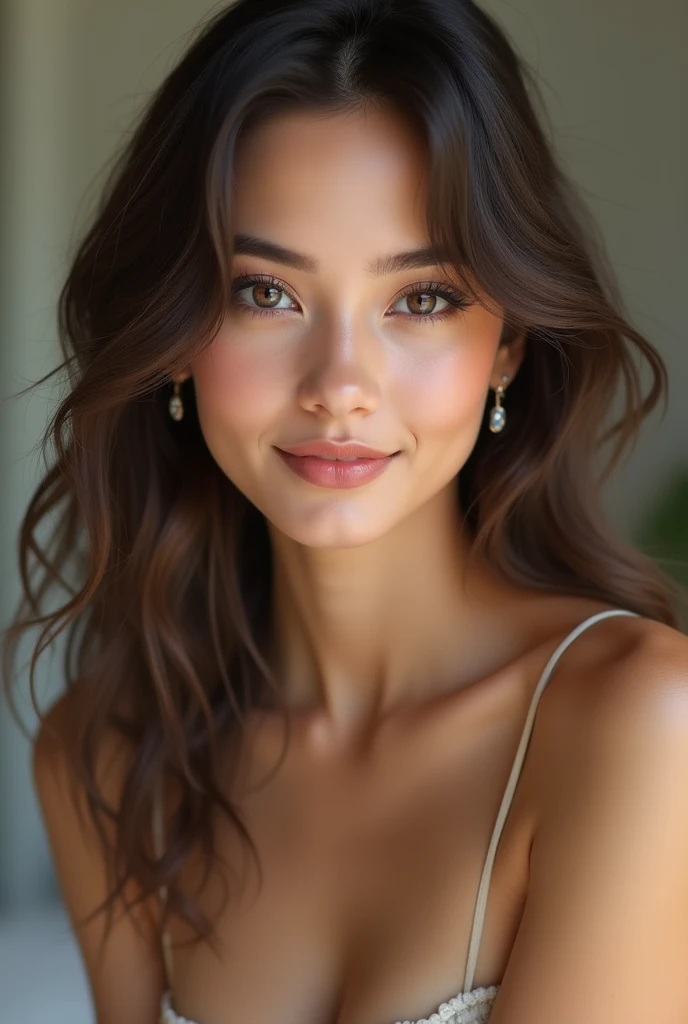 Design realistic woman with a cute, engaging face. Her olive skin is smooth and glowing, and her round, expressive eyes are large and doe-eyed, framed by delicate, well-defined eyebrows. She has a small, button-like nose and full, slightly curved lips that naturally form a warm, inviting smile. Her high, rounded cheeks accentuate her youthful and lively demeanor, giving her an overall endearing and approachable appearance. Cleavage. Sexy.
