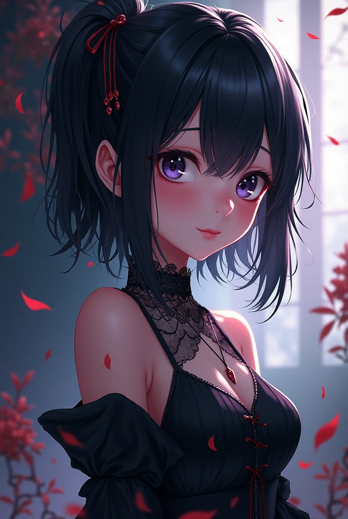 (best quality, ultra-detailed, photorealistic: 1.39), bright and vibrant colors, studio lighting, romantic expression, An effeminate girl, with a delicate and beautiful face. She is a girl who reflects seductive beauty, sparkling eyes, dark gothic makeup, dark gothic punk style, gothic healed woman, A Beautiful and adult tattooed woman and voluminous dark gothic green hair, hair, crying a seductive 2 woman with big breasts seduces, matches the gothic makeup, pleasurable sadistic expression, with her large breasts seduces, gothic style dark gothic transparent long-sleeved white blouse, black bra, black leggings skirt with chain details, dark gothic style, blurred dark gothic makeup, chained, with her blue eyes that matches her soft smile, black gothic style, in a beautiful pose demonstrating her seduction by the pool, posing, holding a black heart, night with soft lighting, anime style, like a manwha character