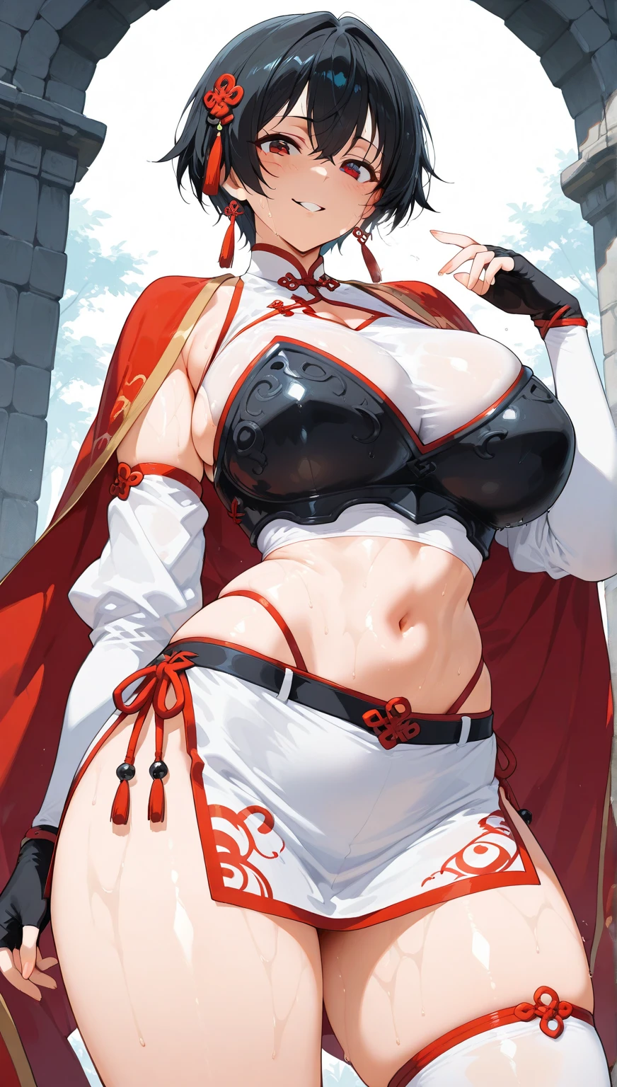 Bayonetta, nue (huge tits), gros seins enormes, Haut du corps, abdos, bikini comme s'ils n'existaient pas, deserted beach, gros seins, gigantesque seins, 4K ultra UHD, mains parfaites, cing doigts, yeux parfaits, bikini dentelle rouge