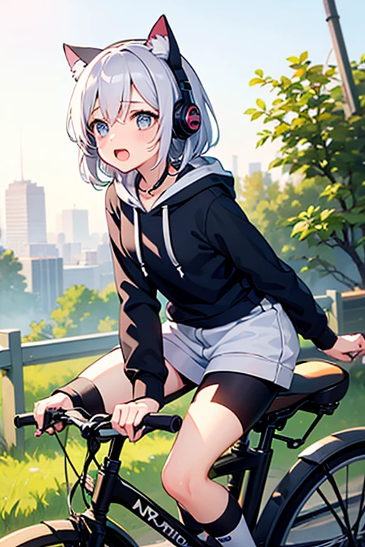 (((masterpiece))), (((best quality))), (((closeup))), ((1girl riding a road bike)), hands on bike, yungas road, downhill, cliff, steep slope, headphones, backpack, falling rocks, wind, thin legs, ribbon, ((black ponytail in wind)), collarbone, cleavage, big tits, black skirt, thighs, calf, miosis, sweat, shy. blush, fog, raining, speed lines, <lora:girllikeyungasroad:0.8>