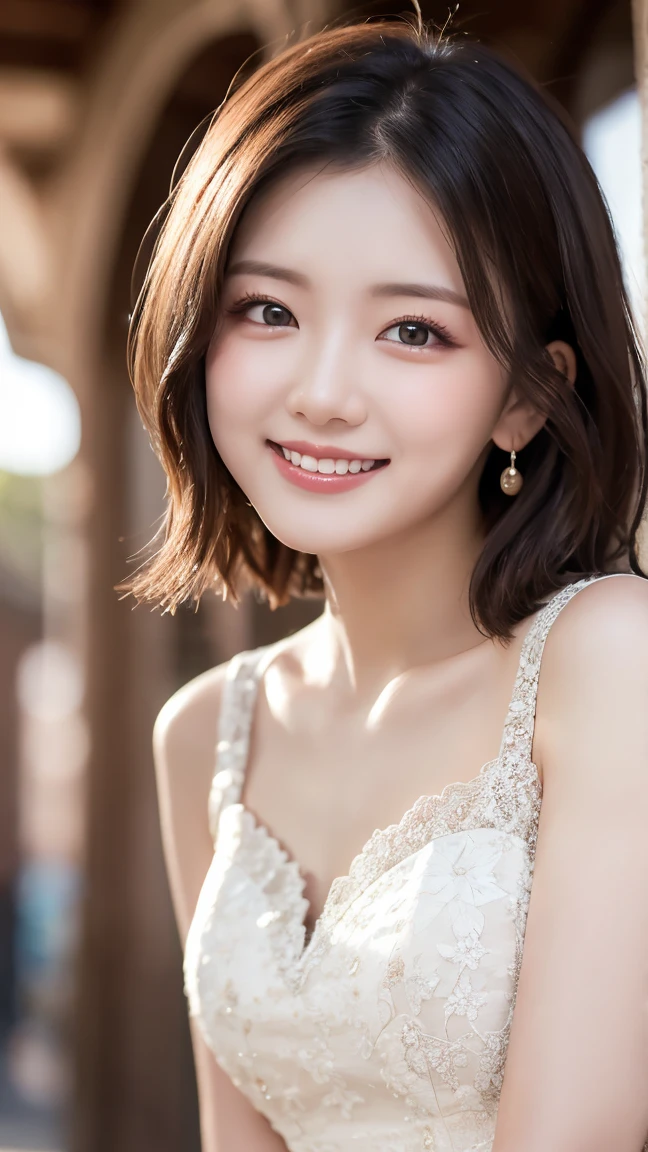 highest quality, shape, Very detailed, In detail, High resolution, 8k wallpaper, Perfect dynamic composition, Beautiful details, dress,Very short hair, Center of chest, Natural color lip, Random sexy poses,smile,Woman with perfect body