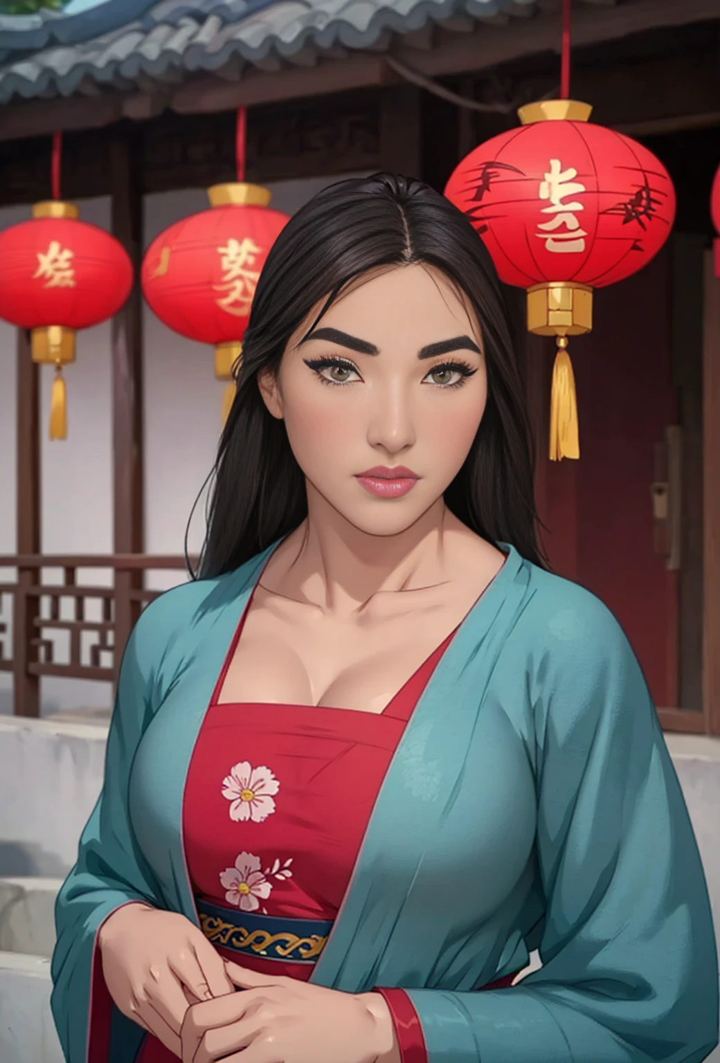 <lora:Mulan_character:0.6>,mulanwaifu,1girl,solo,flower,hair flower,hair ornament BREAK [SEP],
long sleeves,skimpy japanese clothes,sexy kimono BREAK [SEP],
(revealed cleavage,exposed medium breasts,navel,colarbone,covered nipples:1.1) BREAK [SEP],
(ambient lighting:1.1),(ultra realistic,32k,RAW photo:1.1),(high detailed skin:1.1),8k uhd,dslr BREAK [SEP],
high quality,film grain,(shiny glossy translucent clothing:1.1) BREAK [SEP],
full shot,looking at viewer seductively,flirty smile,hand under chin,naughty face,simple background,(insanely detailed,best quality,masterpiece,photorealistic:1.3),