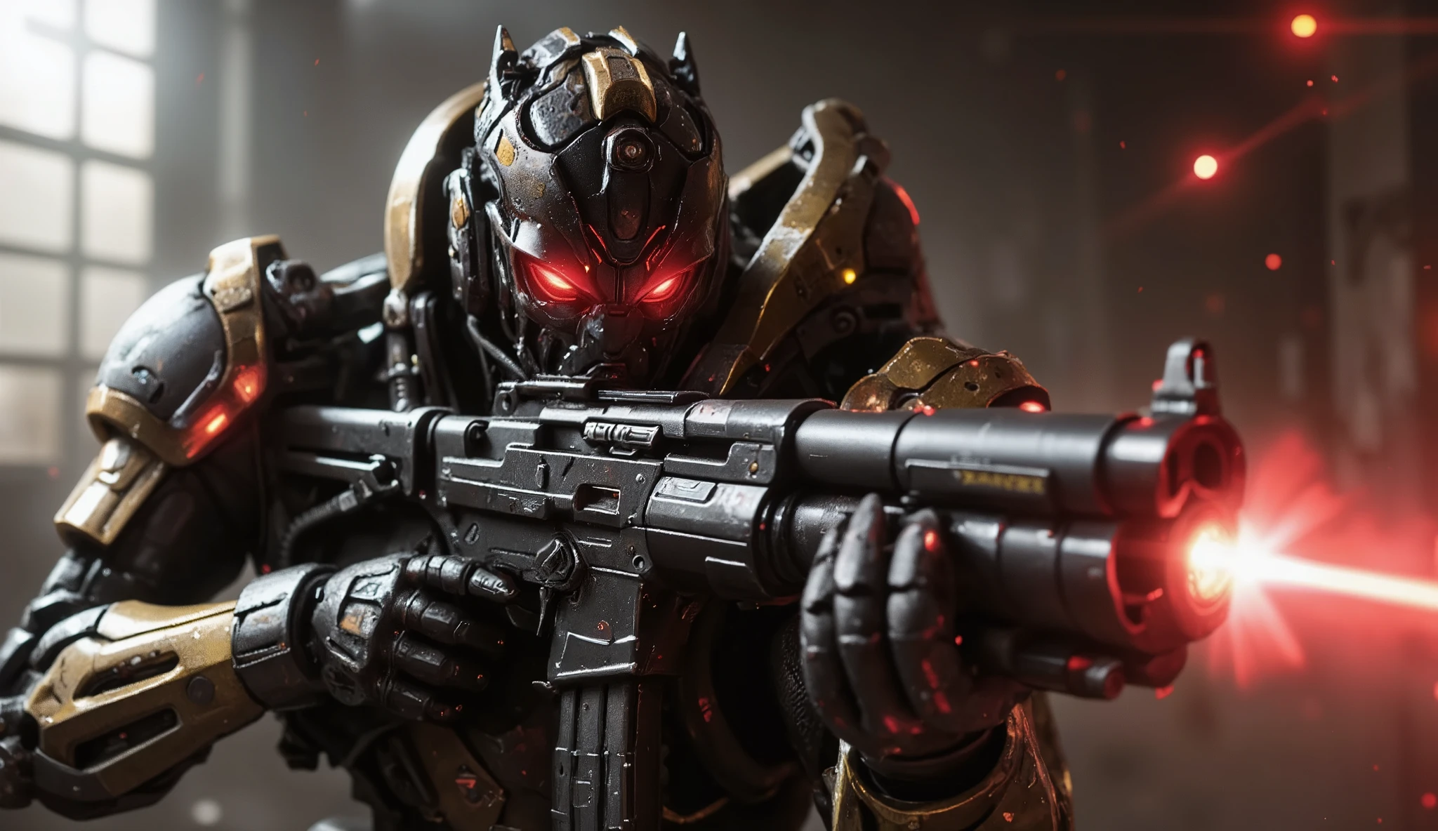 REAL MECHANICAL PARTS, heavy Metal, Darkness, threatening 、details, Mechanic、high image quality, 4K、8k、16k、best quality, high definition, dynamic lighting, Rough textures , shading 、real、high image quality、realistic、top quality、masterpiece、超details、Refined and sharp aircraft design、((Hold a charged laser gun emitting super large red rays in your right hand))、detailsなデザイン、((REAL METAL TEXTURE))、Metal、 full body view、Design simples、Functional Design、perfect color balance、((REALISTIC URBAN BATTLEFIELD WITH BULLETS FLYING AROUND AND DUST))、 EXPLOSION、(超high definition)、Mechanicパーツ、Real{ x} Both eyes are in bright red、I'm not wearing a cover