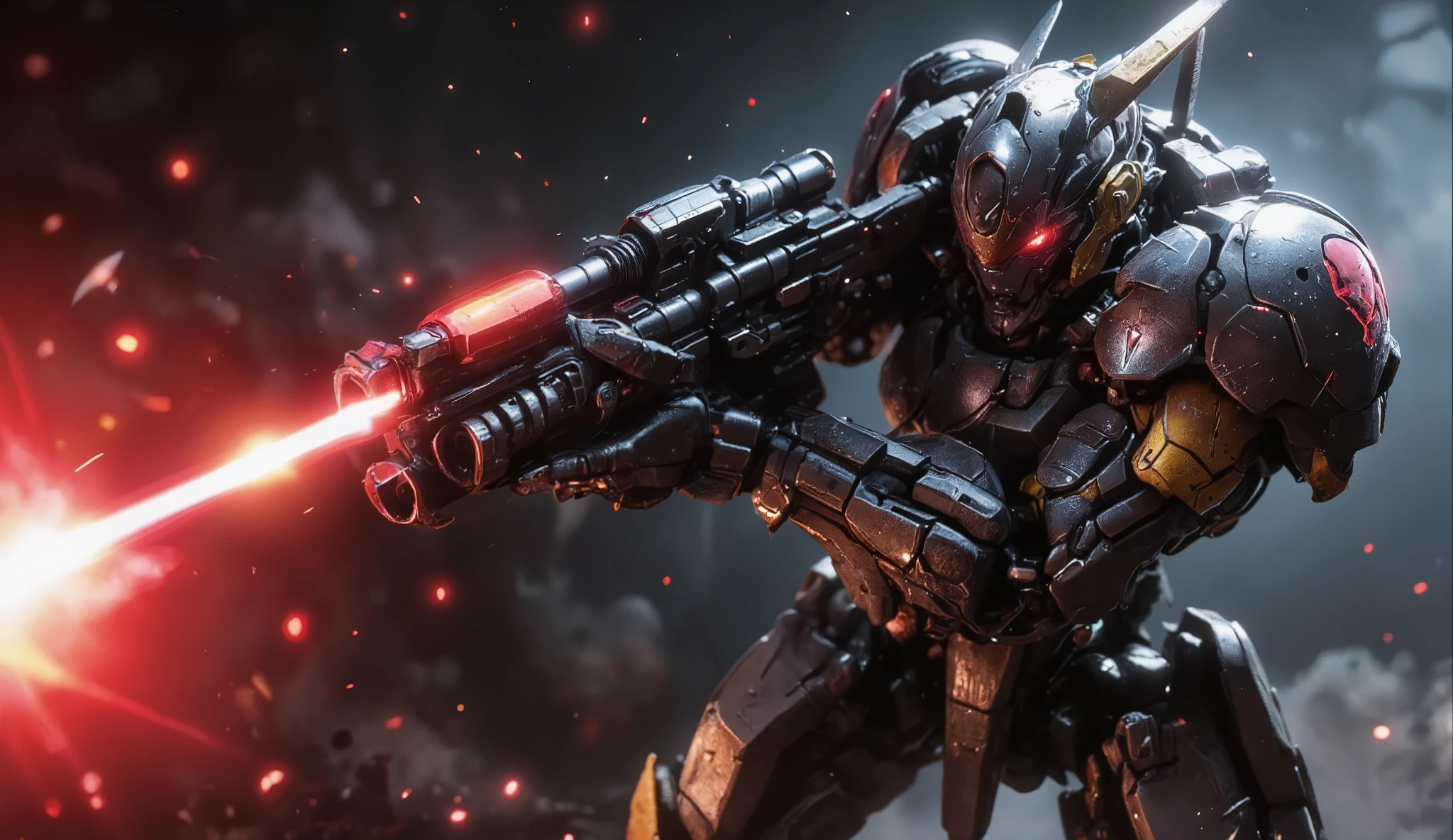 REAL MECHANICAL PARTS, heavy Metal, Darkness, threatening 、details, Mechanic、high image quality, 4K、8k、16k、best quality, high definition, dynamic lighting, Rough textures , shading 、real、high image quality、realistic、top quality、masterpiece、超details、Refined and sharp aircraft design、((Hold a charged laser gun emitting super large red rays in your right hand))、detailsなデザイン、((REAL METAL TEXTURE))、Metal、 full body view、Design simples、Functional Design、perfect color balance、((REALISTIC URBAN BATTLEFIELD WITH BULLETS FLYING AROUND AND DUST))、 EXPLOSION、(超high definition)、Mechanicパーツ、Real{ x} Both eyes are in bright red、I'm not wearing a cover