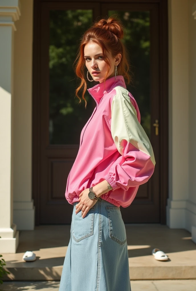 a photograph of (1girl, 21 years old), HaleyH, wearing (pink jacket, loose t-shirt, fitted white slacks),