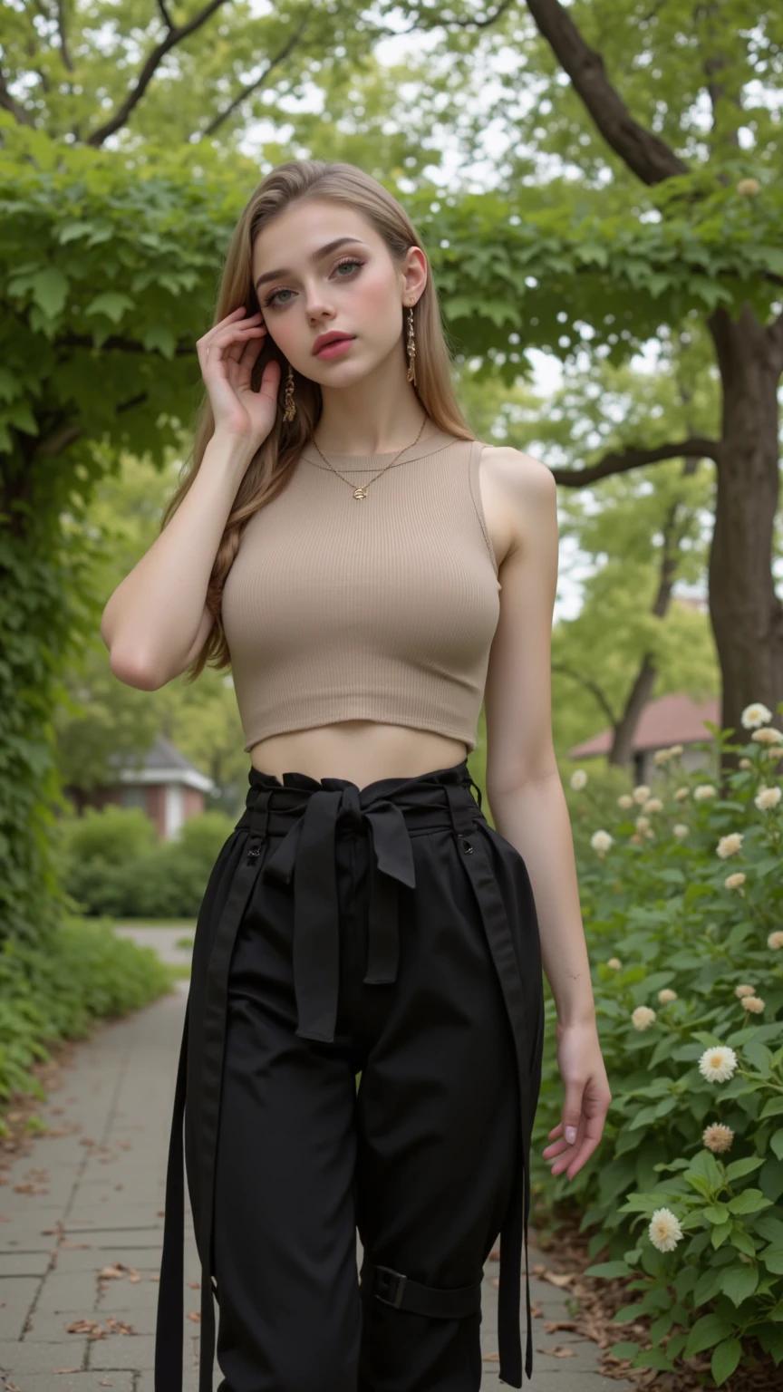 The protagonist is a stunning 25-year-old white woman，worn with a ribbed texture SMOOTH SLEEVELESS BEIGE TOP AND HIGH-WAISTED BLACK PANTS WITH RIBBON DETAIL，exuding confidence and mystery。The backdrop is a lush green space、Blossoming bushes and a paved path，Blurred focus makes the scene set in a digital data fortress in cyberspace，Blending nature and the virtual into one。The casting disappeared，The focus is completely focused on the main character，He stood，with his hand cutting his hair，micro-turning his body，as if he had fallen into contemplation。Brand type reminiscent of the science classic of the 80s
